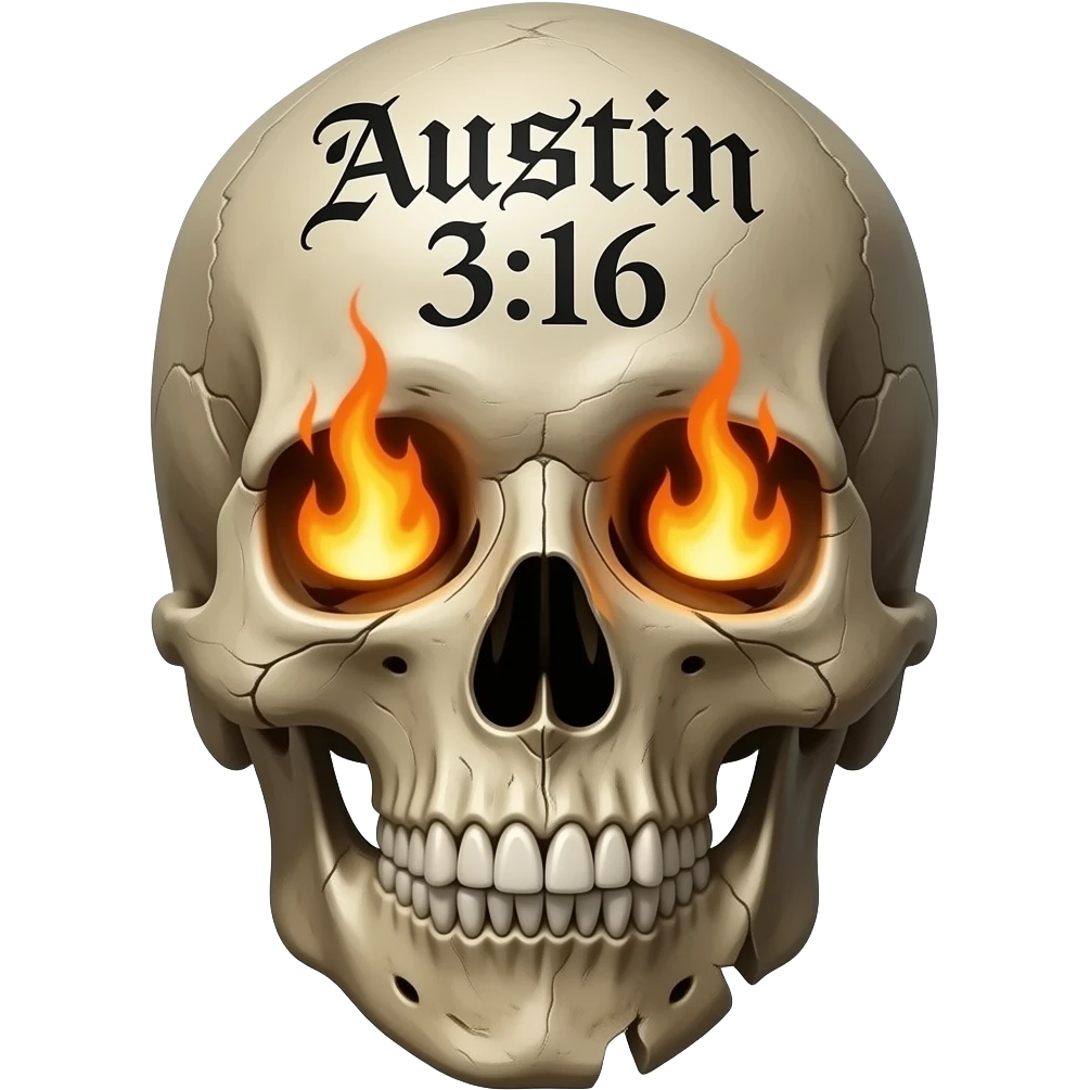 A whole human skull with jaw, aged, the words Austin 3:16 in black ink, eye socket, and nose cavity need flames, words carved into its forehead in a Gothic font, show cracks, weathering, pieces missing, true flames needs to come out of the eye sockets, word and numbers need to be stacked emoji
