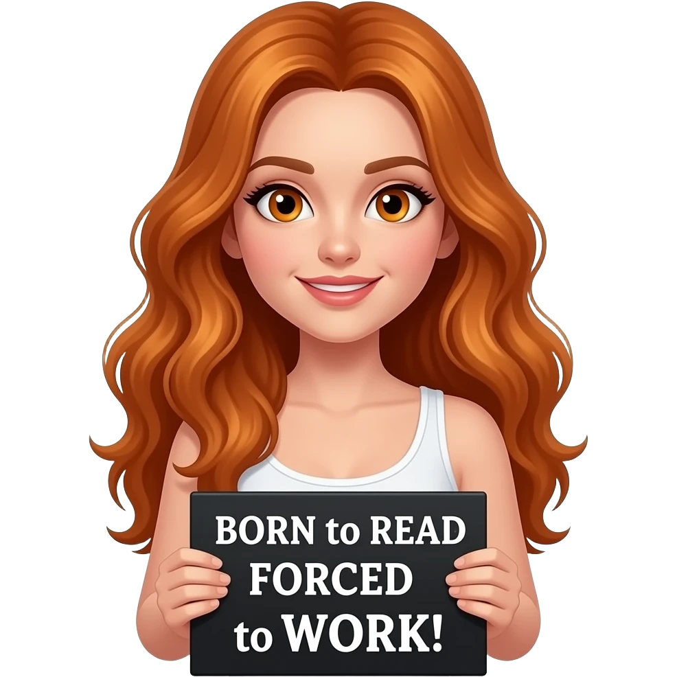 sexy girl with long wavy ginger hair and ginger eyes wearing a white tanktop is holding a black colored sign with BORN to READ FORCED to WORK written on it emoji