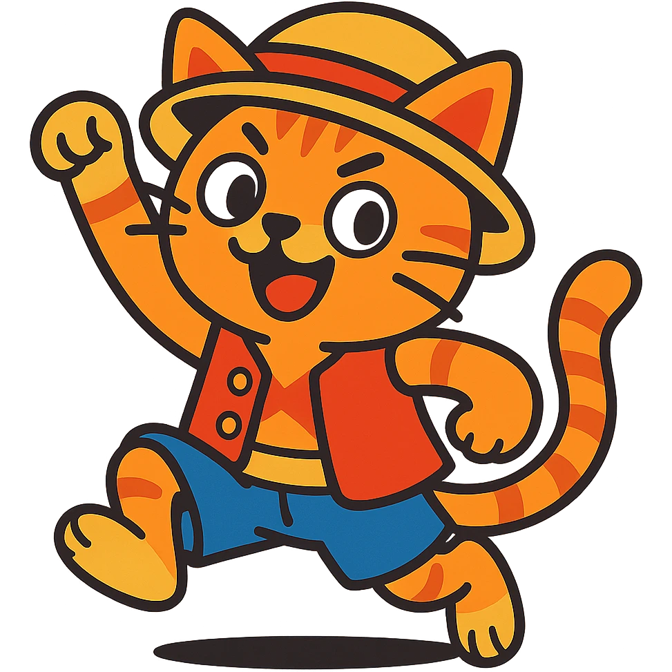 cat dressed as Luffy from One Piece, wearing a straw hat and red vest, playful pose, vibrant colors, no background, cartoon style emoji