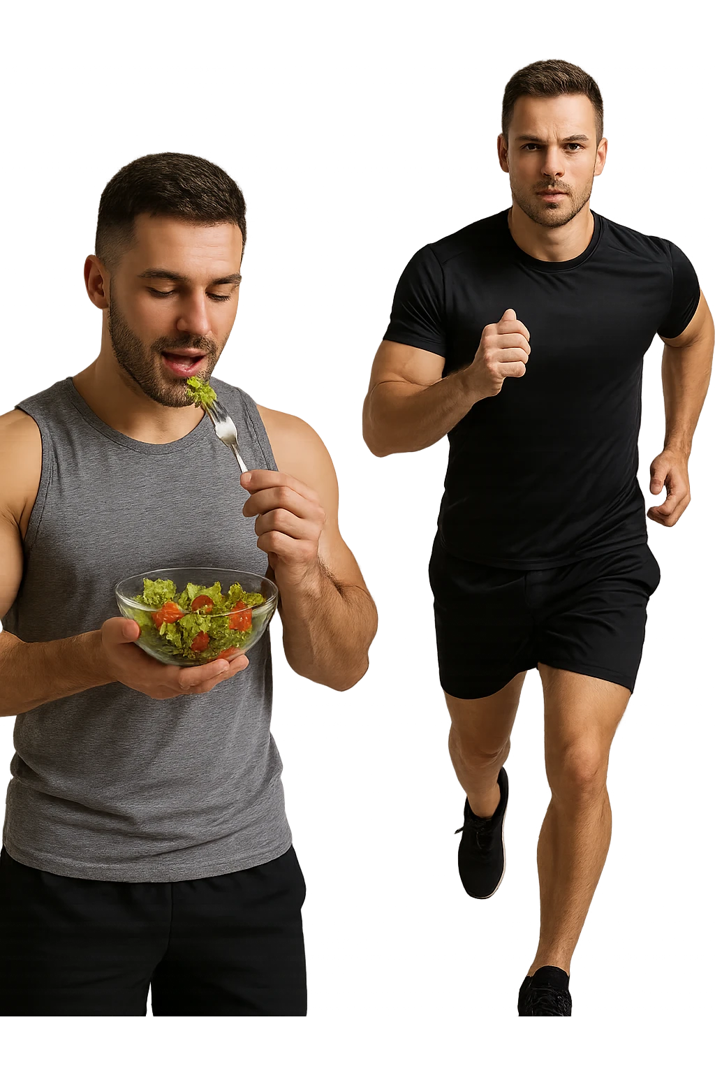 UOMO FITNESS CHE MANGIA INSALATA ACCANTO A UOMO FITNESS CHE CORRE IN POSA FRONTALE emoji