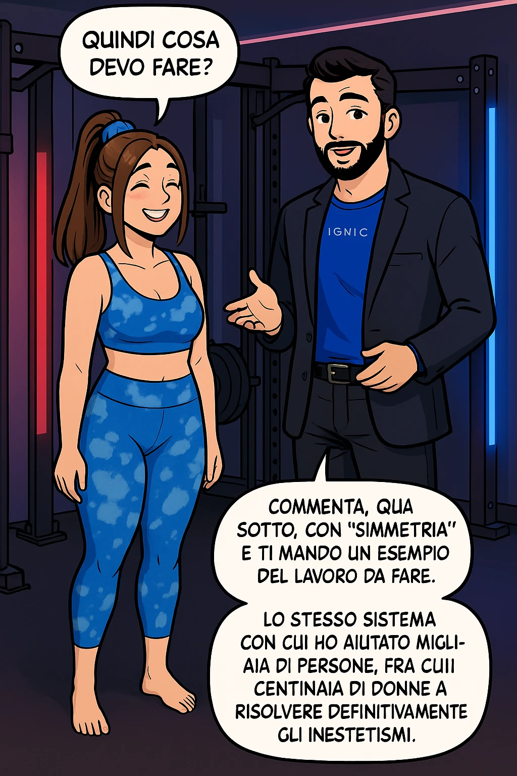 TRASFORMA QUESTO CAROSELLO IN UN FUMETTO STILE WEBTOON/MANGA A COLORI CON QUESTE DUE PERSONE IDENTICHE CHE INTERLOQUISCONO TRA LORO, LA DONNA SEMBRA SOLLEVATA/SODDISFATTA E CONTENTA:

LEI (DONNA): Quindi cosa devo fare?
LUI (UOMO): Commenta, qua sotto, con “simmetria” e ti mando un esempio del lavoro da fare. Lo stesso sistema con cui ho aiutato migliaia di persone, fra cui centinaia di donne a risolvere definitivamente gli inestetismi. emoji