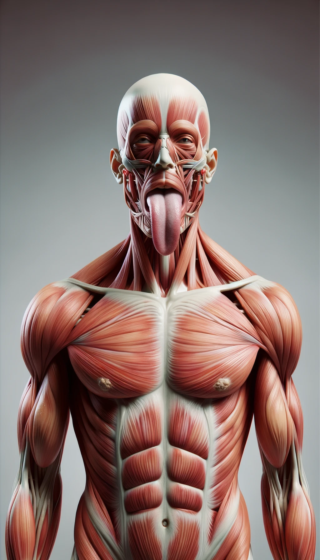 CORPO UMANO ANATOMICO IN PIEDI FRONTALMENTE CHE TIENE LA LINGUA UN PO' FUORI ED è PIENA DI MACCHIE BIANCASTRE, NEUTRAL CLEAR BACKGROUND, COLORI REALISTICI DEI MUSCOLI, iperrealistico 4k emoji