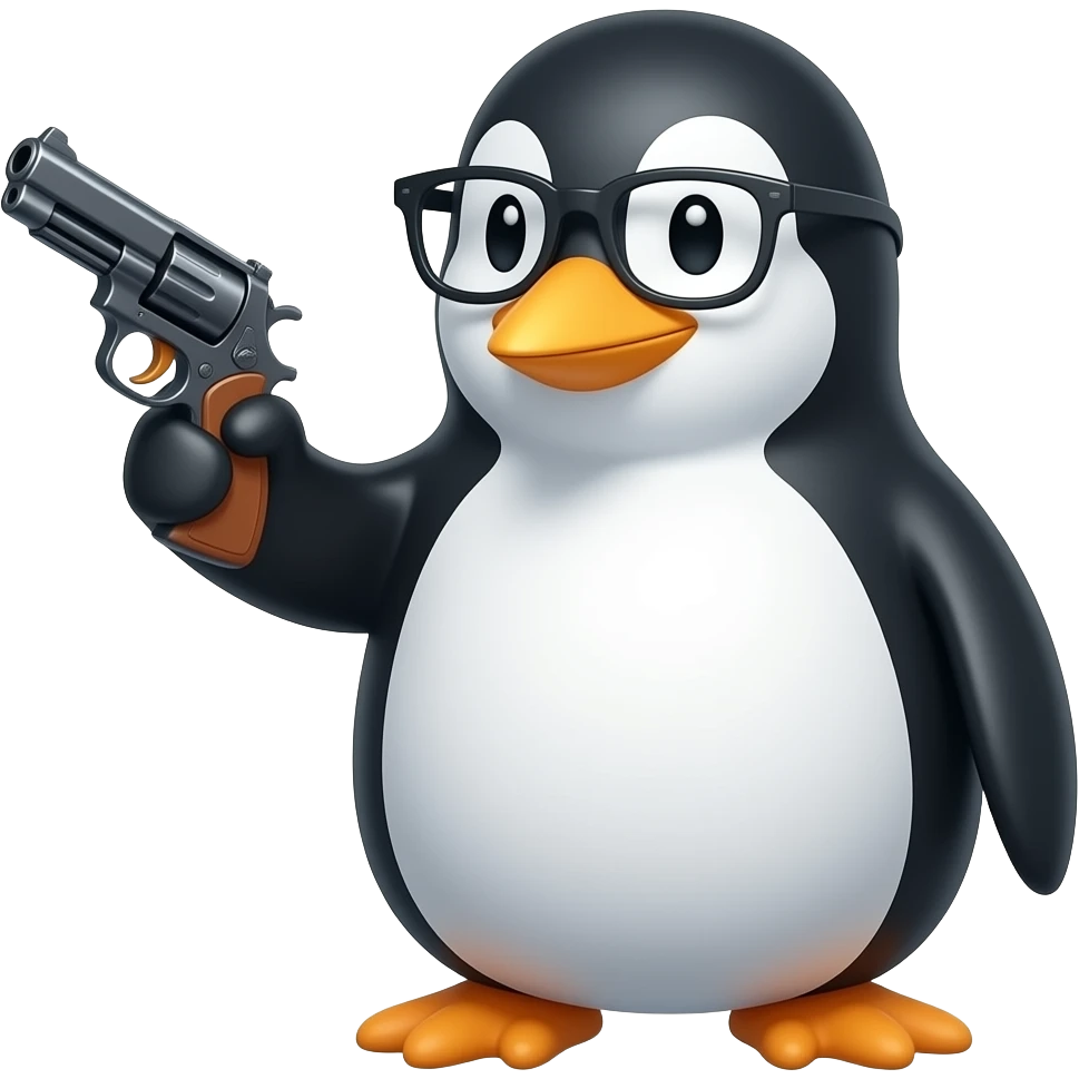 A penguin wearing glasses holding a gun emoji