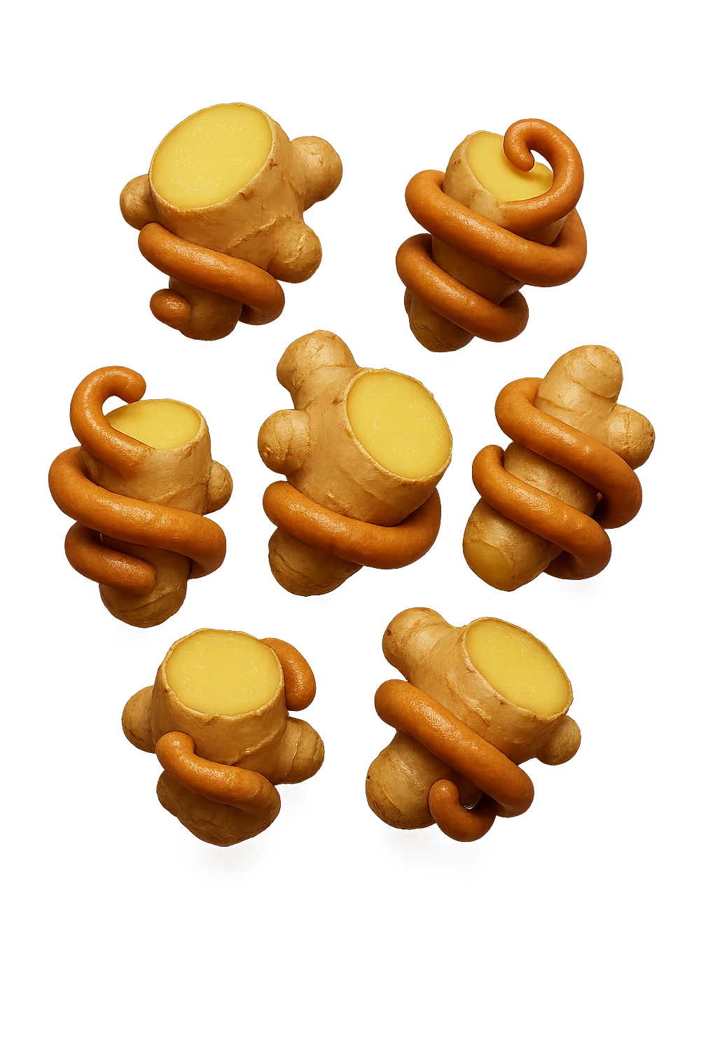 emoji stile iphone 3d di 6 piccoli pezzi di zenzero che fluttuano in aria con pezzi di colon arrotolati intorno, iperrealistico 4k emoji