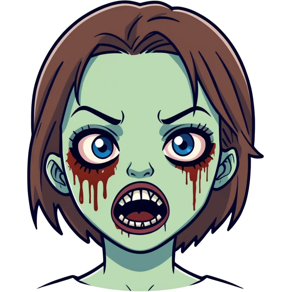 make a zombie girl with brown hair and blue eyes with her mouth open and on the left side of her face have a big cut and straight hair and lashes emoji
