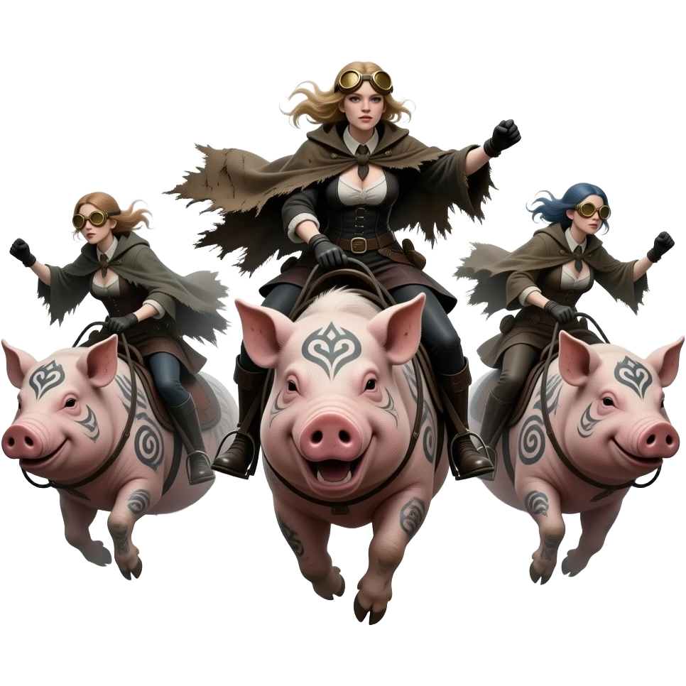 steampunk - four thin and pale female riders of the apocalypse ride leaping on large tattooed pigs in a messy composition emoji