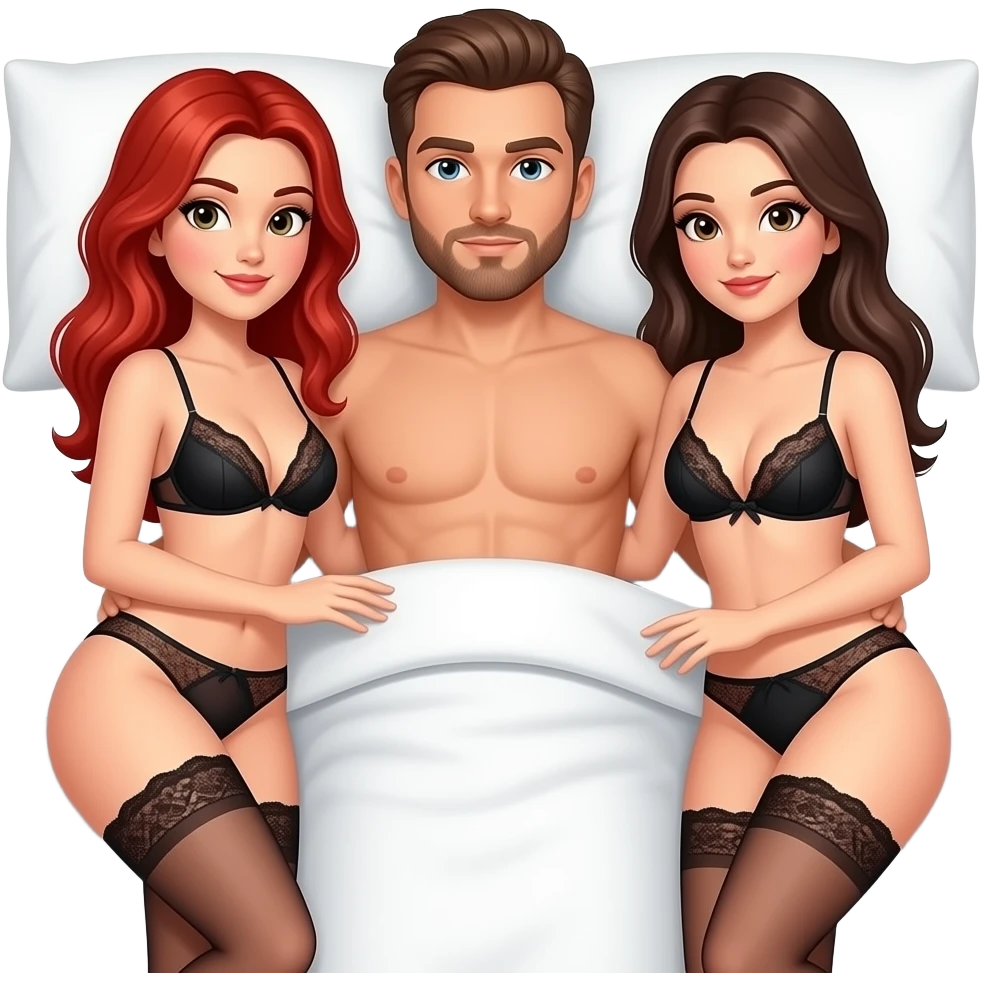 Average build bodies, threesome in bed, 2 women one male. 1 redhead women, 1 brunette women. Man to have brunette hair with short facial hair. Women in thong lace lingerie emoji