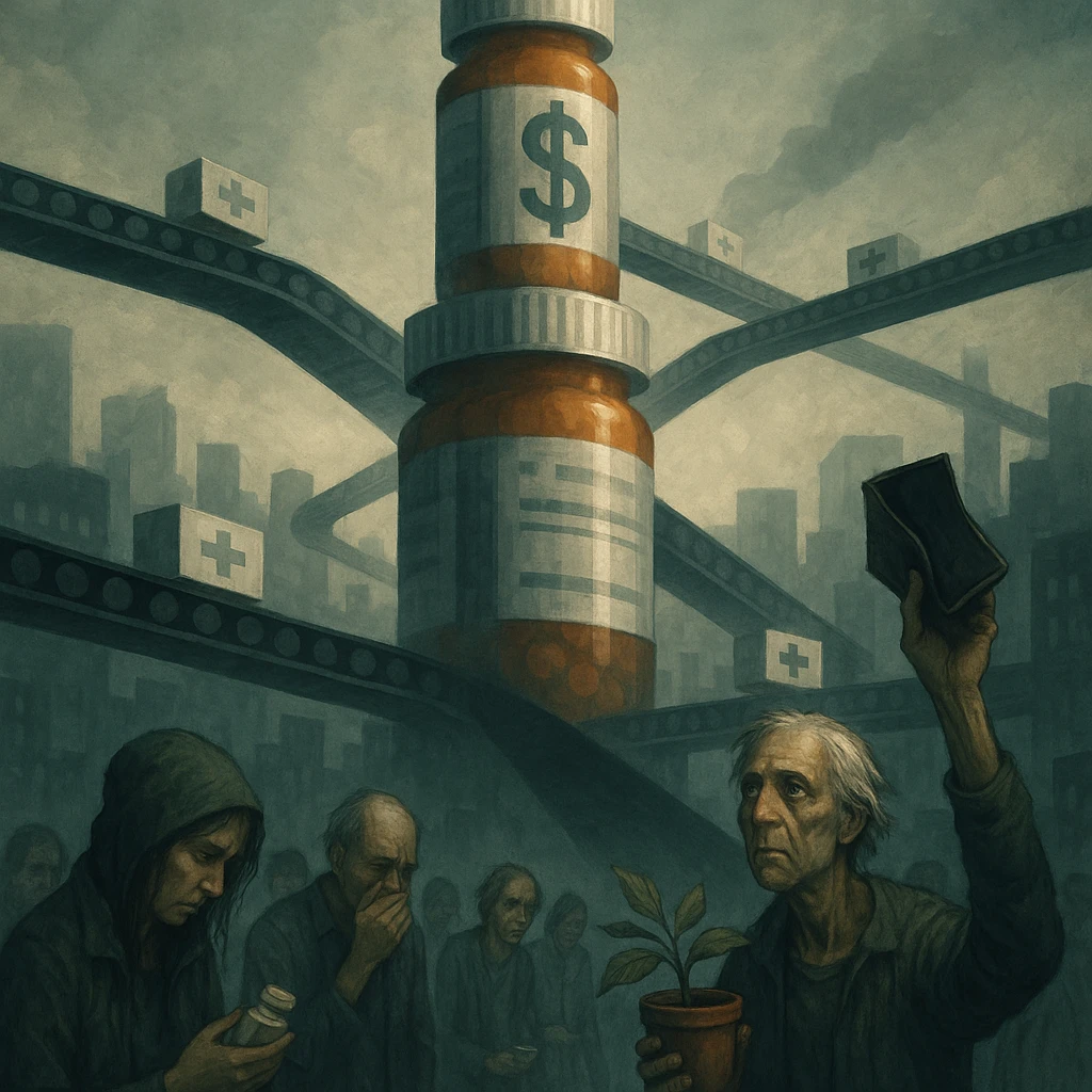 semi-realistic dystopian scene of a towering sleek pharmaceutical corporation building made of pill bottles and dollar signs, casting a shadow over a city of sick people; conveyor belts moving medicine boxes; in the foreground, a few individuals questioning or resisting, holding natural remedies or empty wallets; cold sterile atmosphere, rich in metaphor emoji