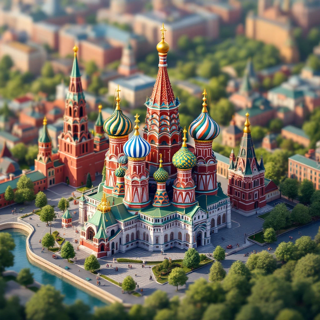 Isometric illustration of Moscow, featuring photorealistic Saint Basil's Cathedral with colorful onion domes emoji