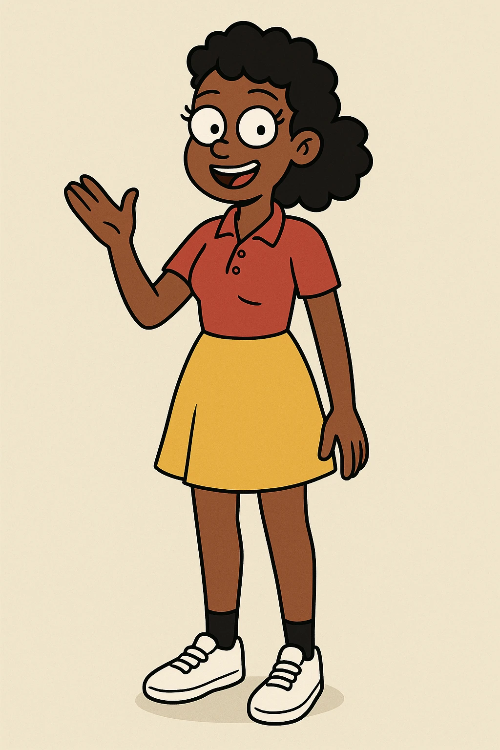 A Girl black Slightly Coiled hair brown Red Women's classic polycotton polo yellow skirt black ankle sock trainer white women's shoe emoji