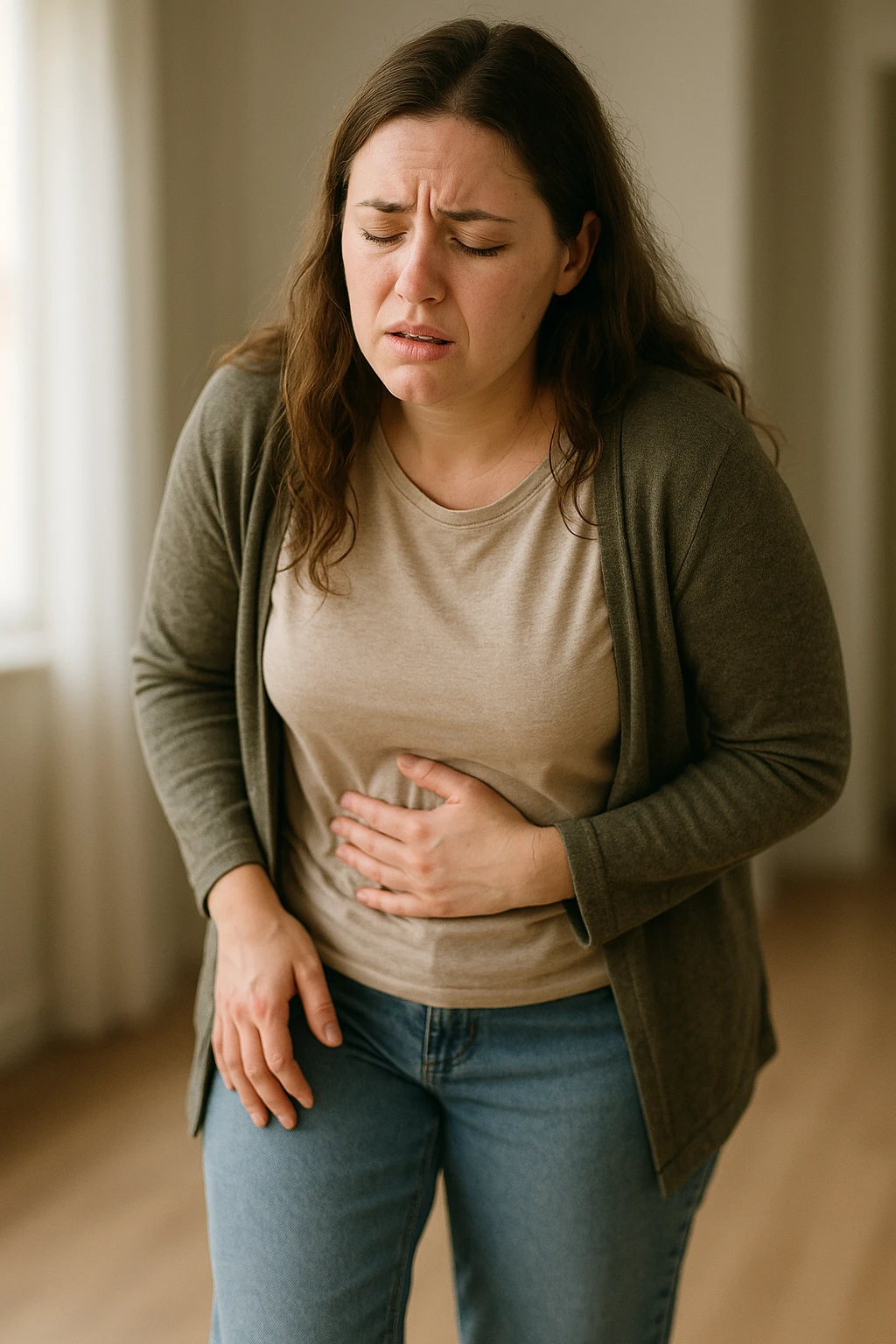 Donna con problemi difficoltà nella deambulazione a causa della sua PCOS, immagine realistica emoji