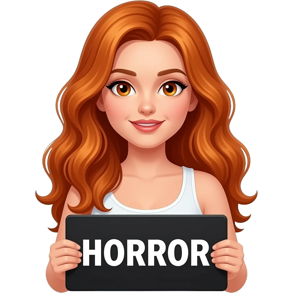 sexy girl with long wavy ginger hair and ginger eyes wearing a white tanktop is holding a black colored sign with HORROR written on it emoji