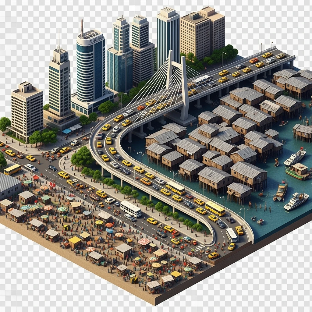 Isometric miniature of Lagos Lekki-Ikoyi Bridge, Eko Atlantic skyscrapers, Makoko slums, tin-roof shacks, chaotic markets, gridlocked traffic, 3D miniature effect and Tilt Shift effect, no cartoonish look, transparent background, don't cut angles emoji