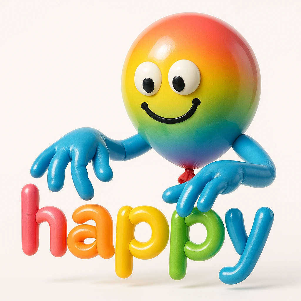 a playful and expressive balloon character typing the word 'happy', with visible text 'happy' emoji