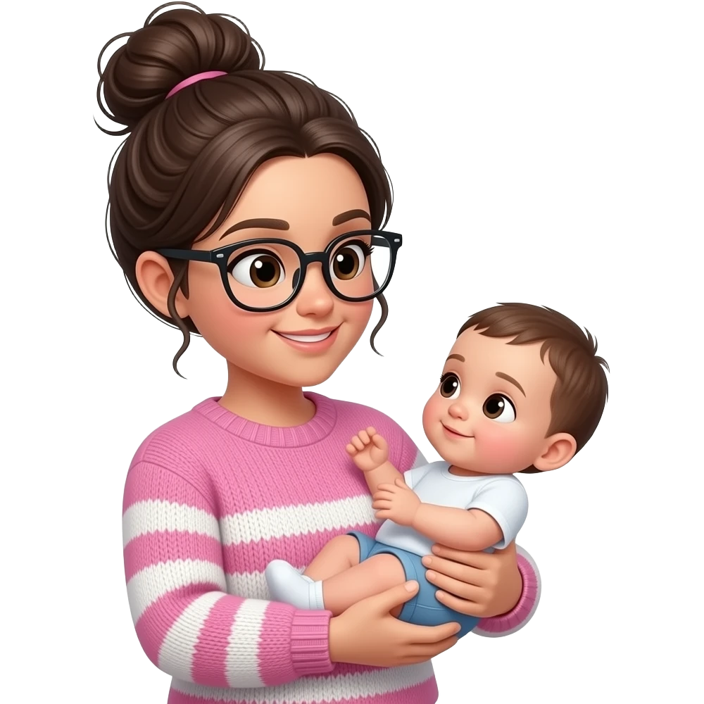 Make a girl with a messy bun that is a dark tan woman with a pink and white sweater with glasses looking with a baby in her hands emoji