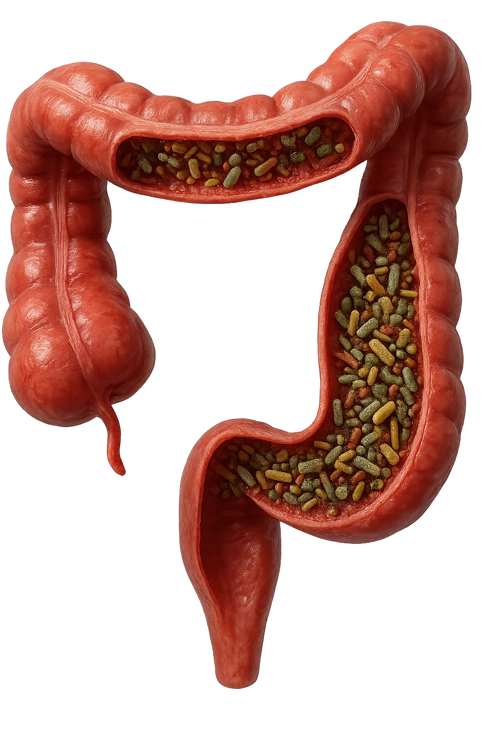COLON DI UN INTESTINO UMANO ANATOMICO CON ALL'INTERNO PIENO DI BATTERI INTESTINALI, IPERREALISTICO 4K, NON DISEGNATO emoji