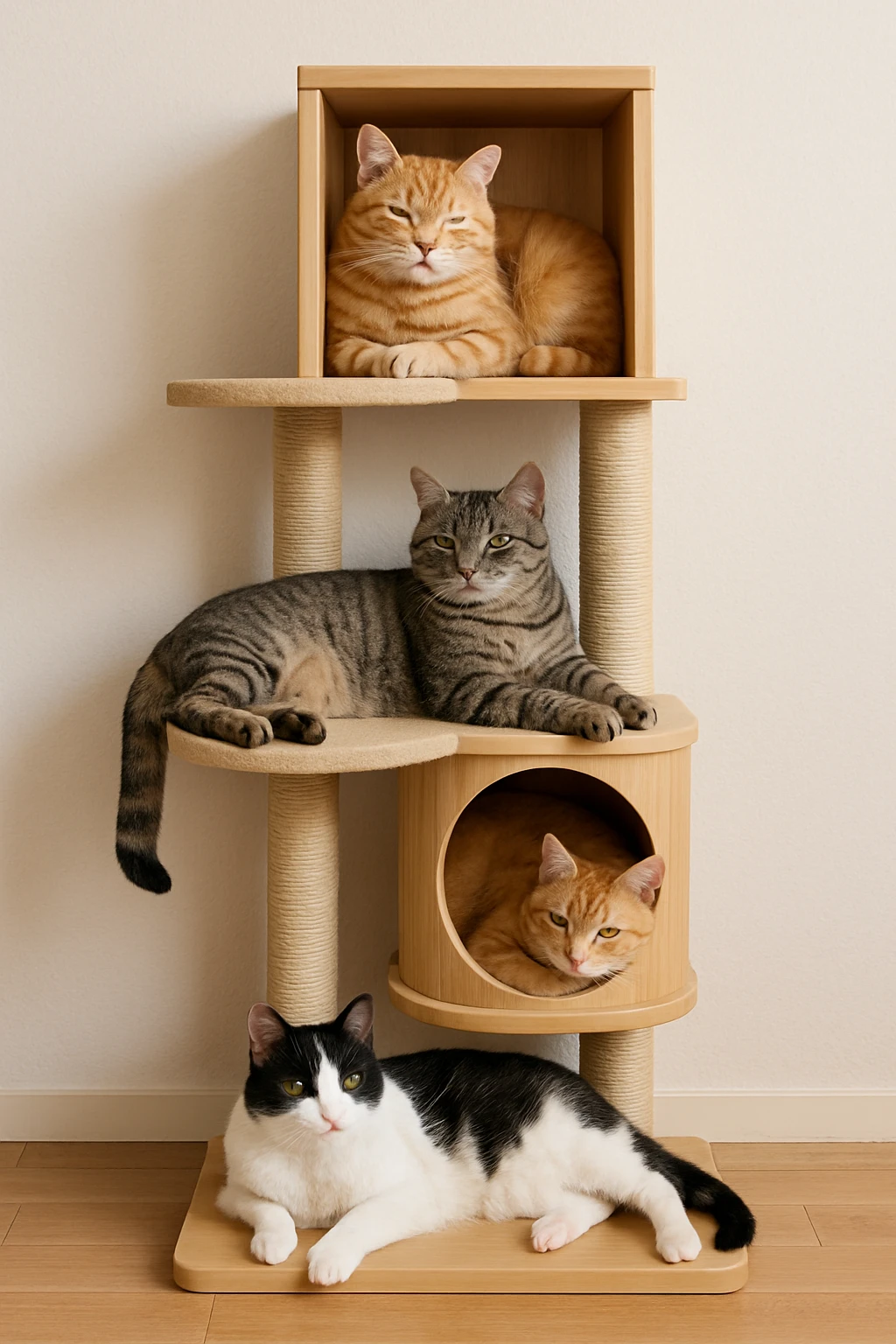 cats relaxing in a vertical playhouse emoji