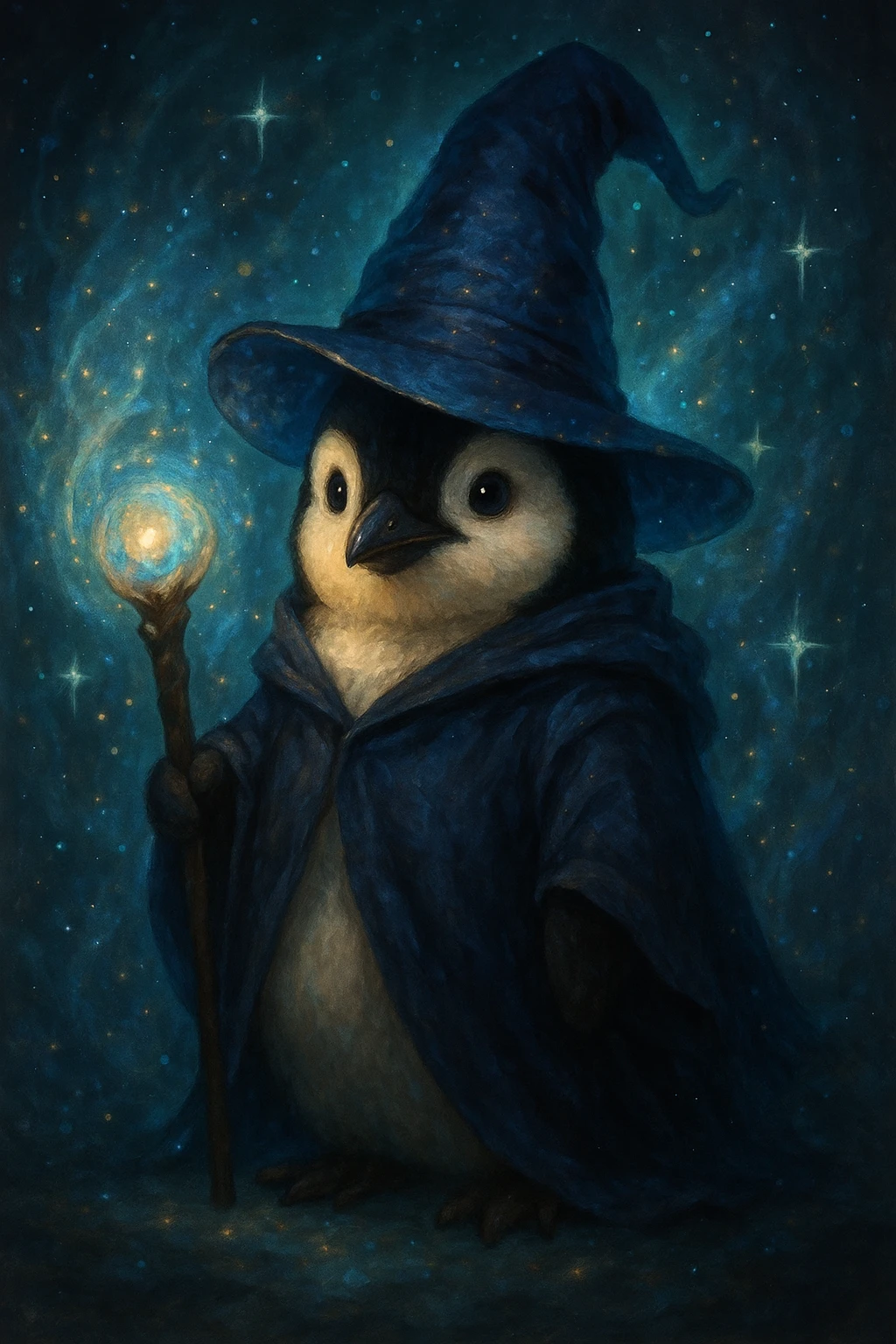 penguin wizard, fantasy, magical, staff, hat emoji