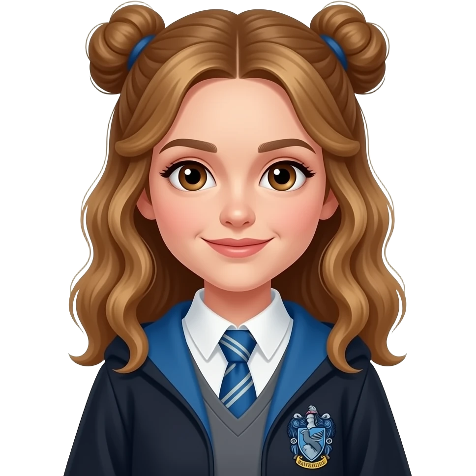 Emily Bett Rickards in Harry Potter, wearing a blue Ravenclaw robe, her dark-blonde hair are up in two braided buns with some hair framing her face in waves. she has brown eyes and one mole beside her mouth emoji