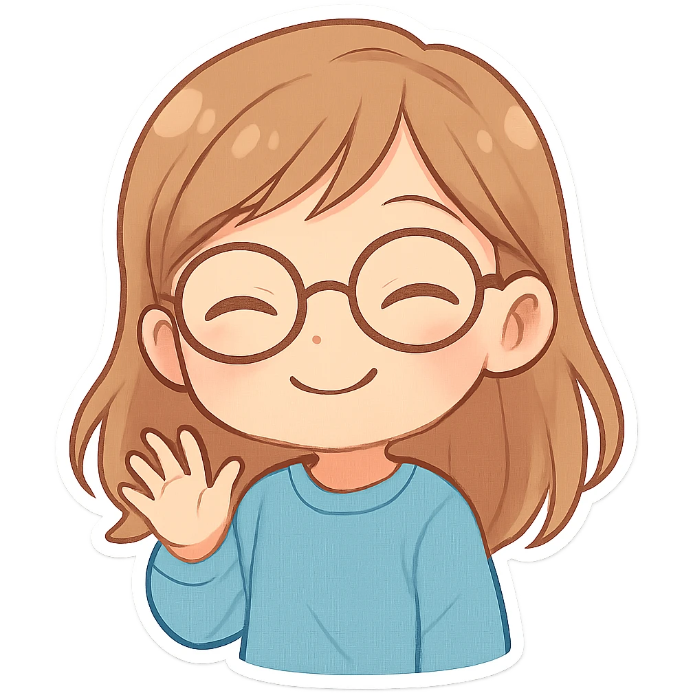 chibi sticker of a 10 year old girl with light brown hair, wearing glasses, smiling in a friendly way, no text emoji