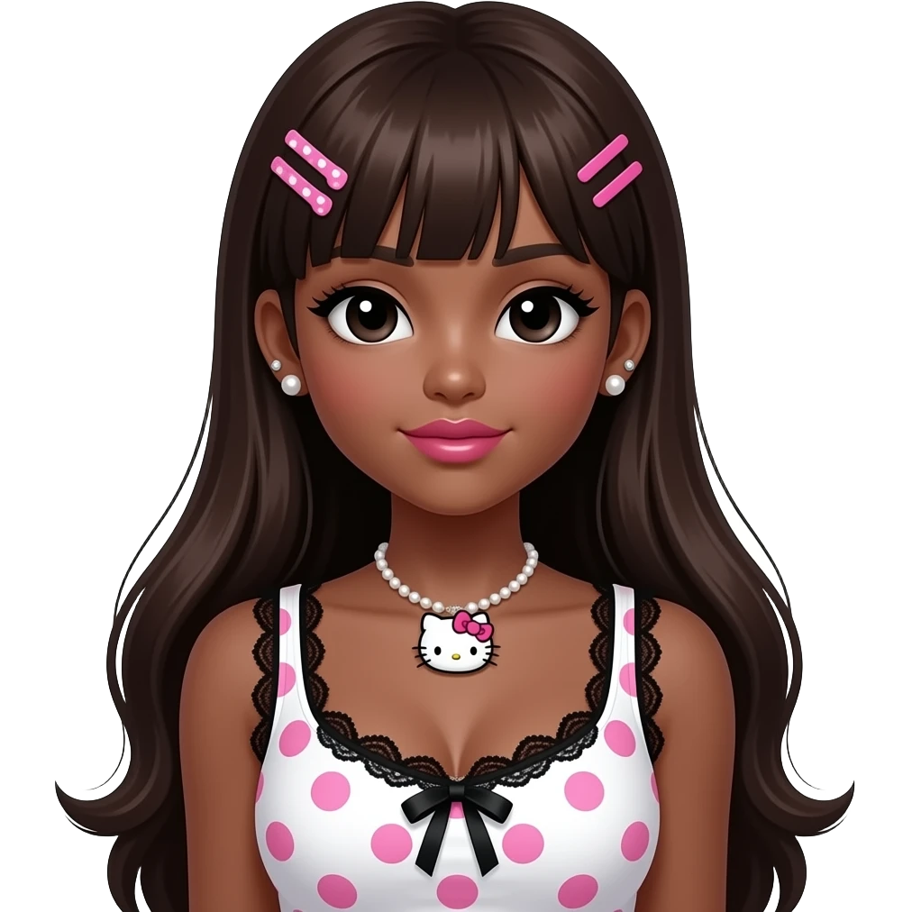 dark brown skin girl, pearl earring studs, black girl, pink lips, my melody hairclip, dark brown skin, Doll faced shaped, hello kitty necklace, bimbo, black doll eyes, Big lips, long dark brown hair, with white or black lace baby pink polka dots with gyaru sleeveless shirt, with big breast emoji