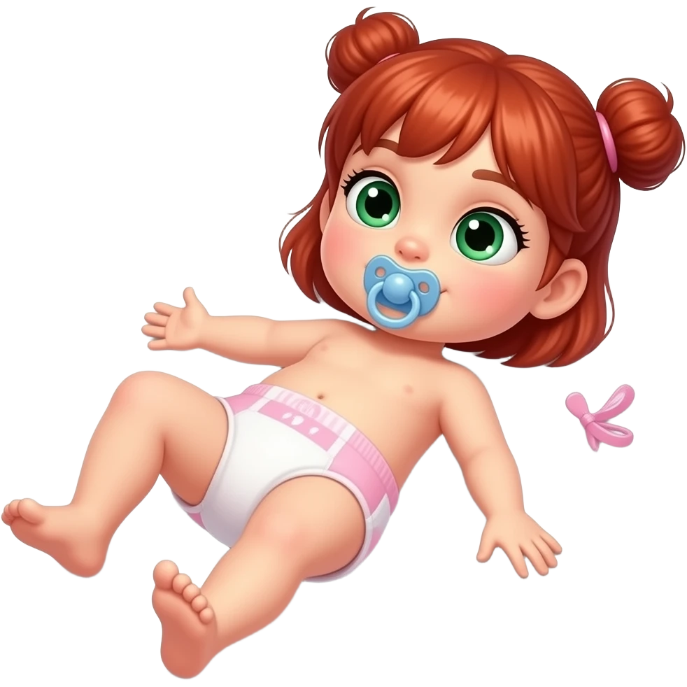 Red-headed green-eyed girl laying on back and wearing a pink cloth diaper sucking on pacifier emoji
