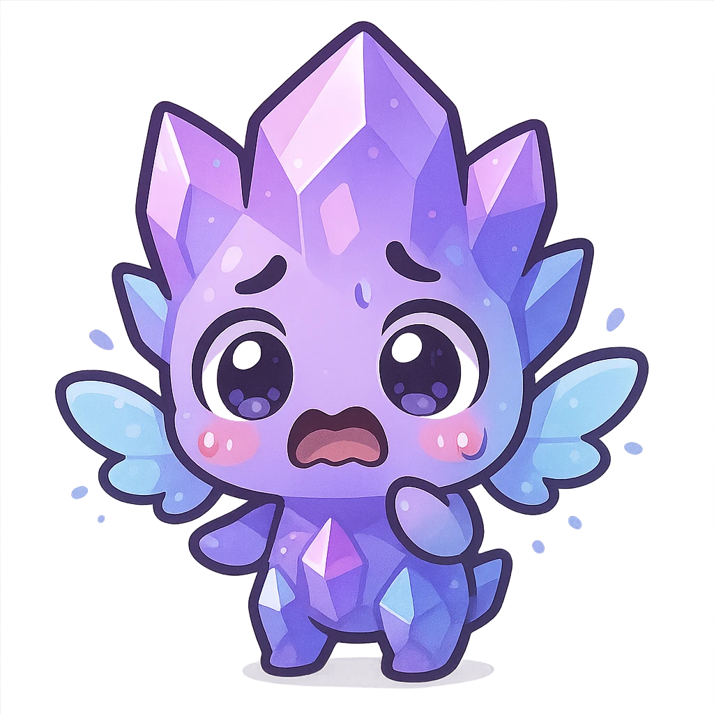 kawaii chibi style crystal sprite creature, purple, blue, and pink, with tiny magical wings, scared expression, wide eyes emoji