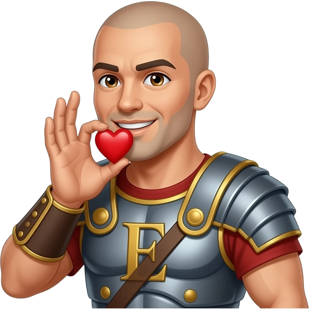 Muscular Roman soldier bald brown eyes smiling letter E on breast plate blowing a heart with hand emoji