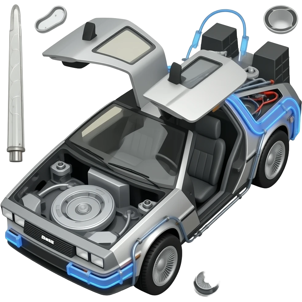 A DeLorean car in spare parts emoji