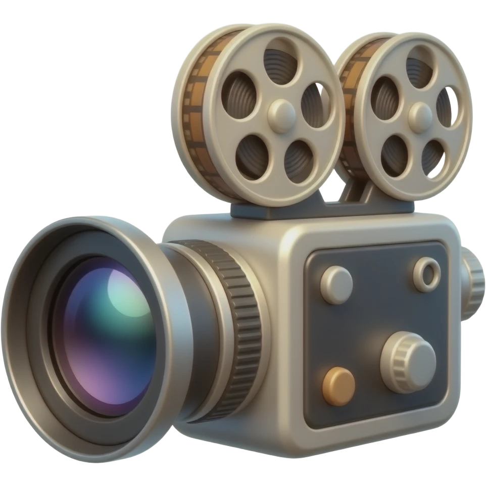 Glossy 3D rendered vintage movie film camera emoji, fully sideways 90 degree profile view, large cinematic lens, detailed with film reels, warm friendly aesthetic, slightly rounded edges, soft shading, white background emoji