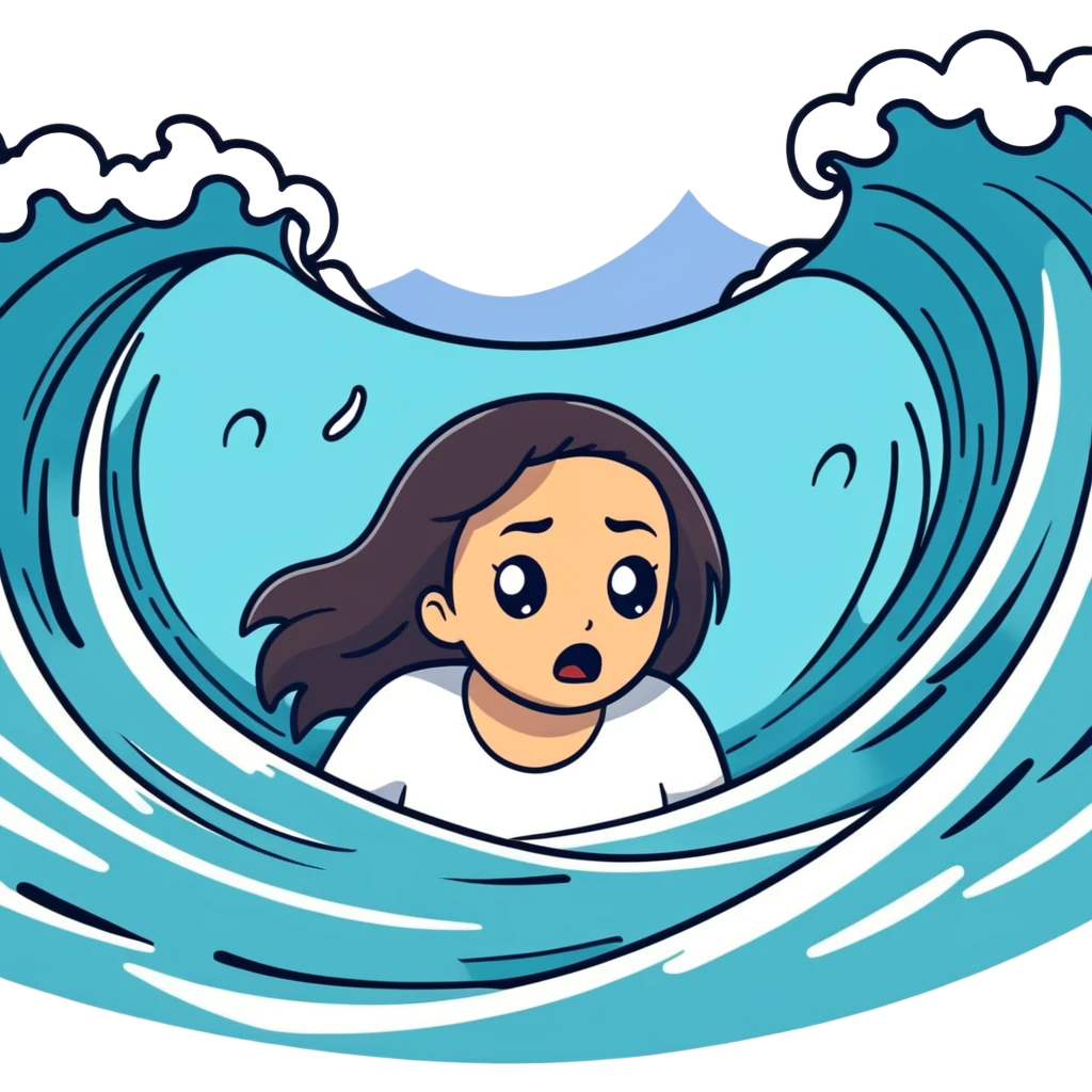 a medium tone woman with straight hair being scared from drowning in a tsunami  emoji