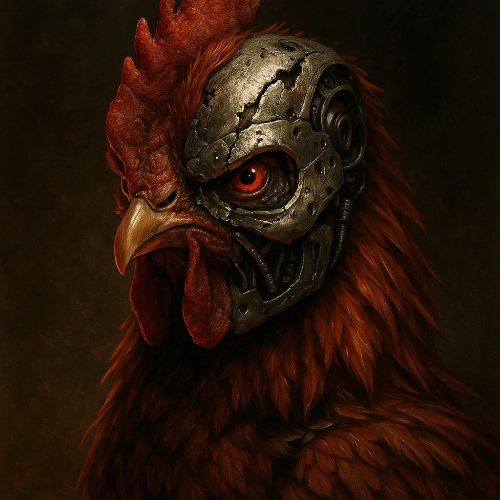 a chicken wearing a half-destroyed Terminator mask, showing both feathers and metal, looking fierce emoji