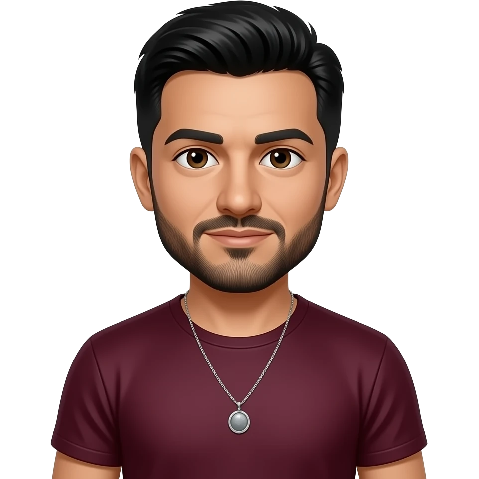 Anwar Jibawi with dark brown eyes, black hair and short beard, burgundy metallic T-shirt, necklace emoji