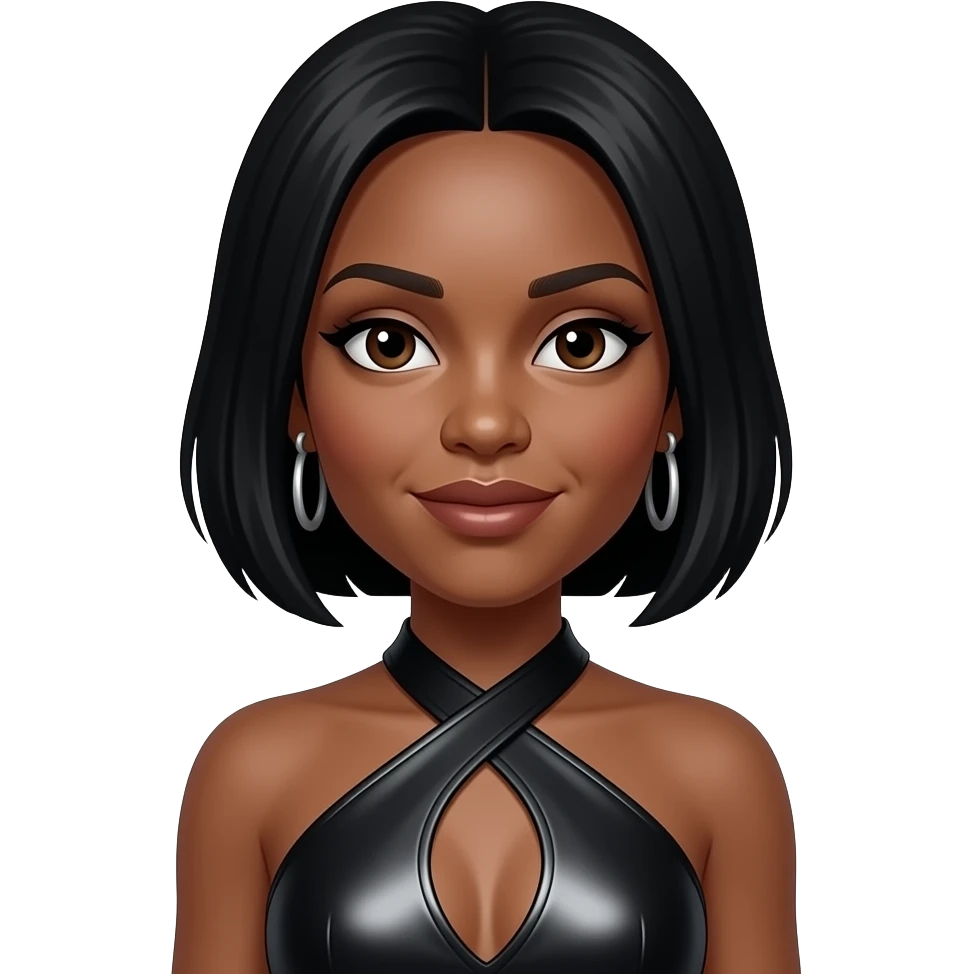 Naturi Naughton from 3lw with dark skin, dark brown eyes, black short hair, black metallic halter dress, silver earrings emoji
