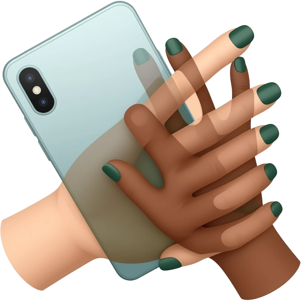A brown skinned female hand with long thin fingers and dark green nails holds a dark green smartphone emoji