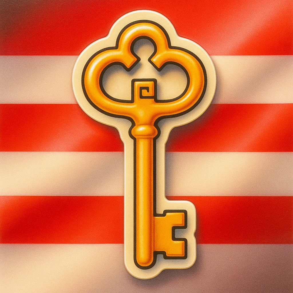 Bremen key, less cartoonish, with the Bremen flag as background, retro stickers style, no text emoji