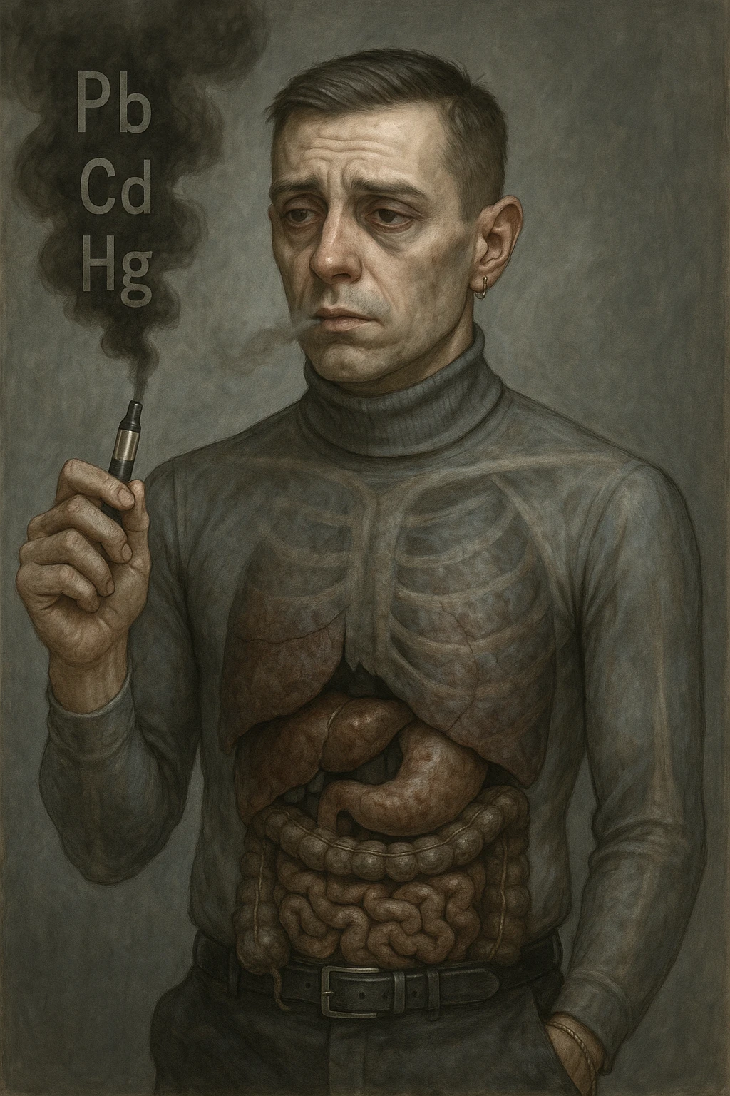 Realistic medical style illustration of a man aged 30-40 years with pale skin, dull eyes, and a tired face, inspired by the reference photo. He holds an electronic cigarette emitting dark smoke with chemical symbols Pb, Cd, Hg. His body is transparent showing dark liver and intestines. The atmosphere is gloomy with metallic colors, realistic medical style. emoji
