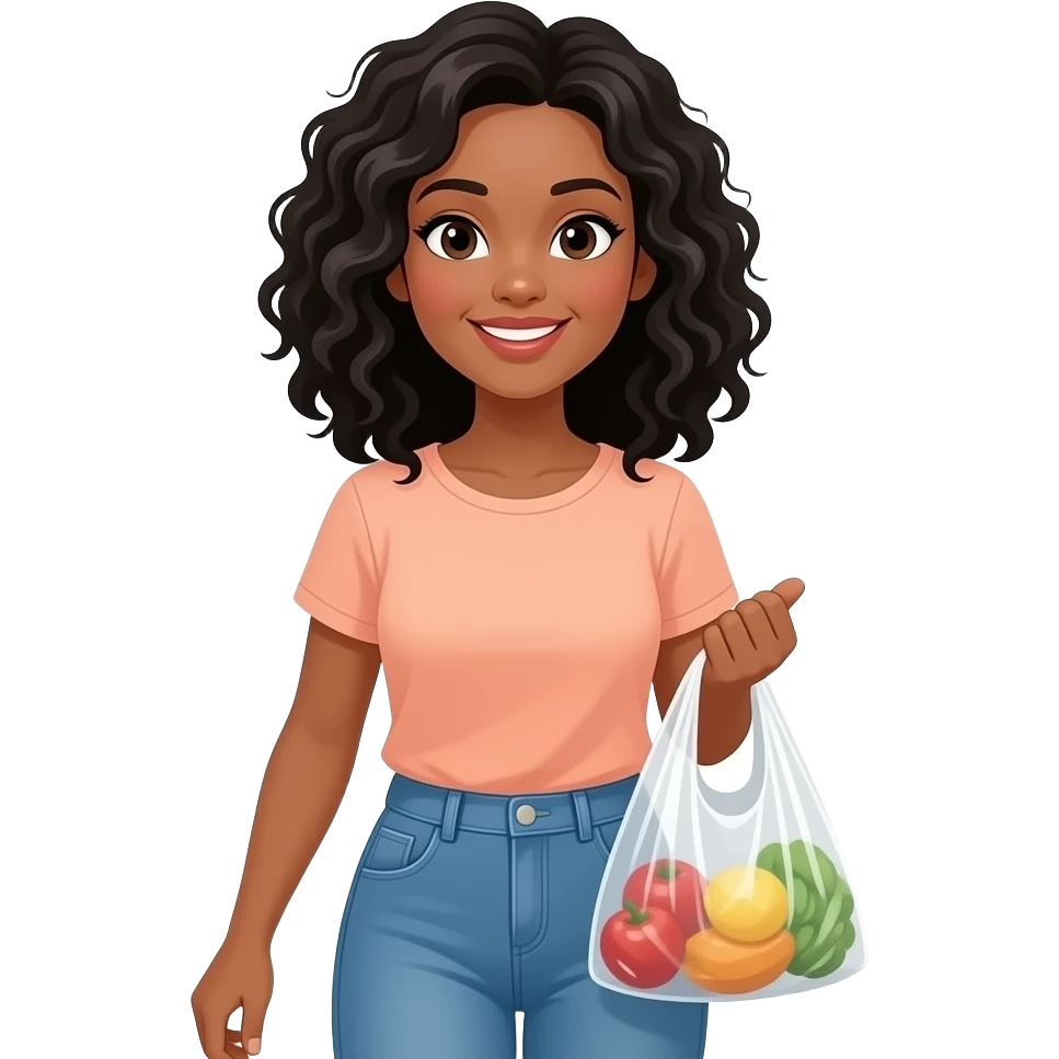 A medium-light skinned woman with shoulder-length black curly hair grocery shopping. emoji