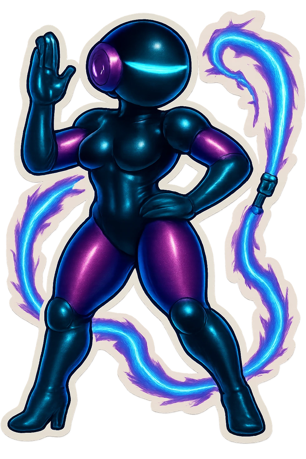 Add more electric energy and glowing sparks to the lightning whip, make the energy look intense and dynamic, keep the retro sticker style, glossy black and purple robot, transparent background. emoji