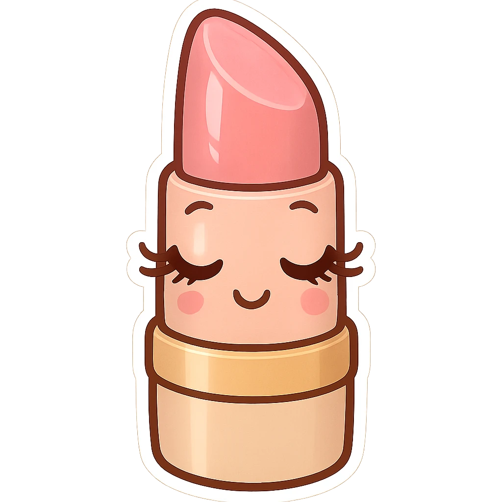 chibi sticker-style lipstick with a girly face, long eyelashes, pink color, cute and exaggerated emoji