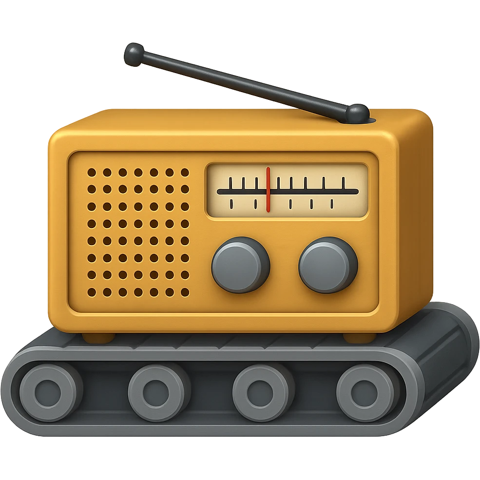 Сгенерируй мне детализированный емодзи, конвеер на котором лежит советский радиоприемник, на пнг фоне без фона. В СТИЛЕ ЕМОДЗИ ЭПЛ! emoji