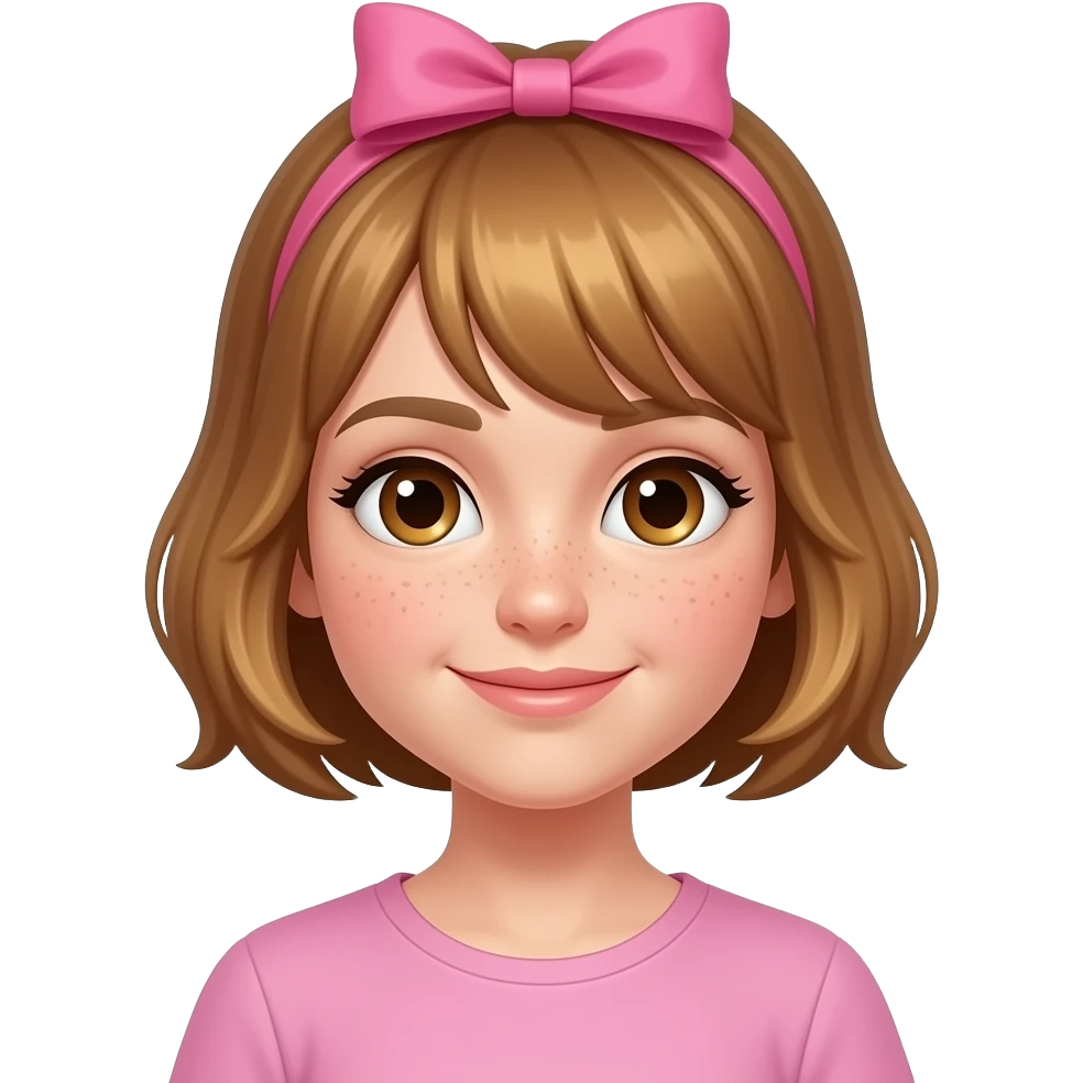 Short, brown/blonde hair, freckles, pink bow emoji