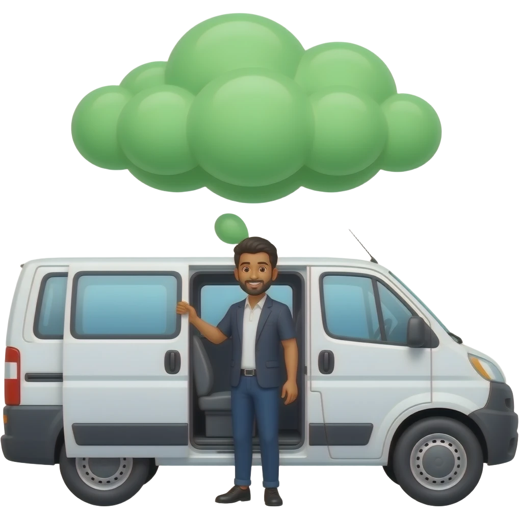 A black indian man opens the back door of a white van and the green cloud comes out of it. emoji
