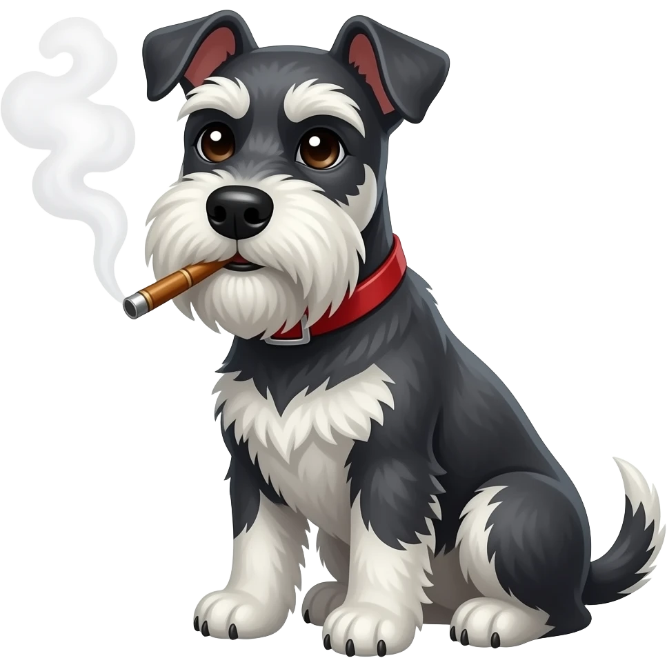 Perro schnauzer  sentado con un vape sacando humo emoji