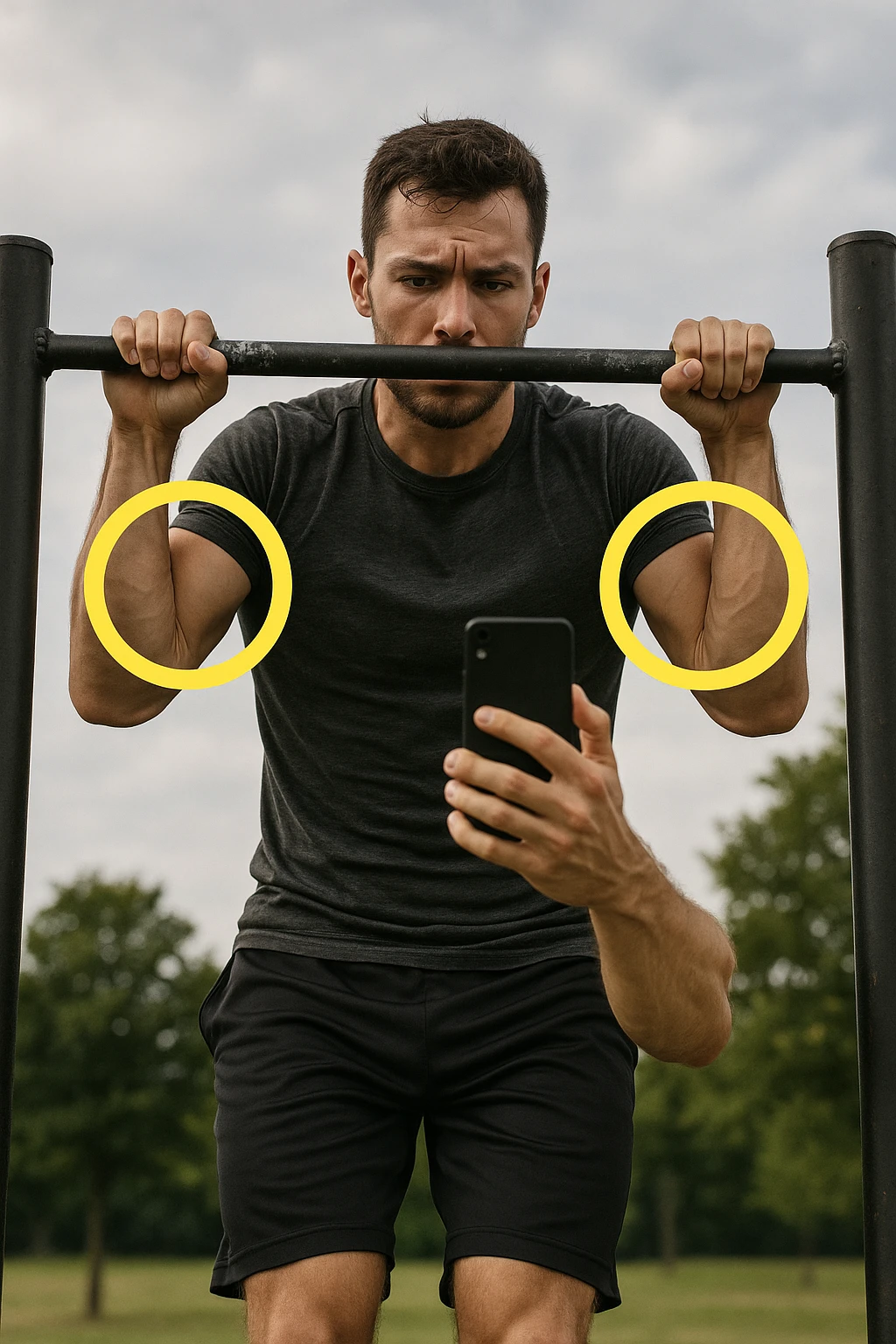 uomo che fa Muscle up e si sta filmando davanti con il telefonino per vedere la sua posizione dei gomiti e delle mani sulla sbarra, fai dei cerchi per indicara i gomiti emoji