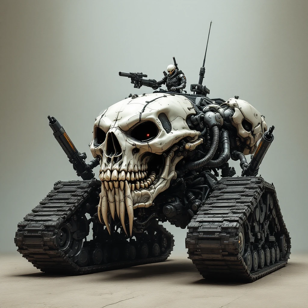 Transform the skull tank into a massive vehicle with four arms, each arm holding a weapon. Remove legs so the ribcage and spine connect directly to the tank chassis. Make it aggressive and intimidating in Flux Pro style. emoji