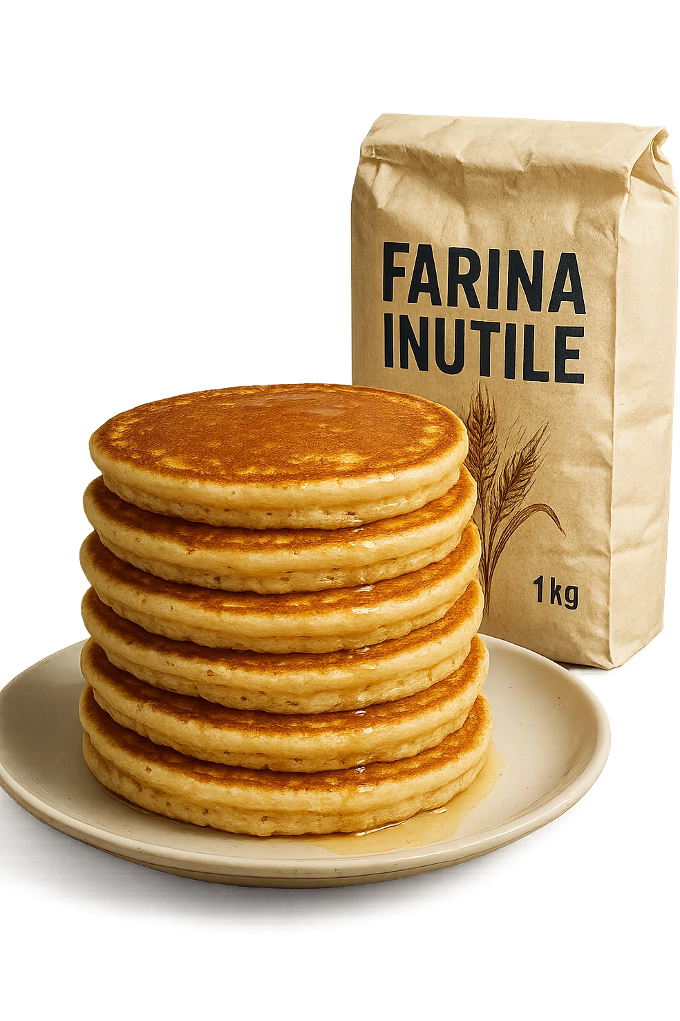 UN PIATTO CON TORRETTA DI PANCAKE E UN PACCO DI FARINA DIETRO CON LA SCRITTA "FARINA INUTILE" SUL PACCO,  iperrealistico 4k emoji