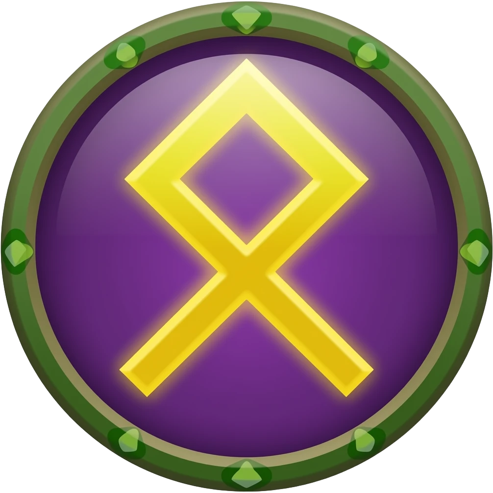 Fehu (ᚠ): “Elder Futhark rune Fehu in glowing golden yellow with purple background and green details, mystical flat vector style” emoji