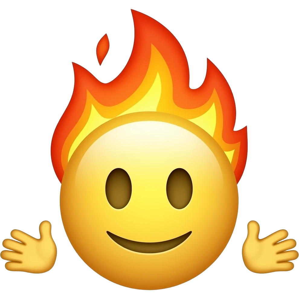 A classic emoji (without body and without arms), with all of its head a ball of fire, viewed from behind (yellow to dark-oange flames), and with hands (but no arms) spread out to each side, seen from the rear, please. emoji