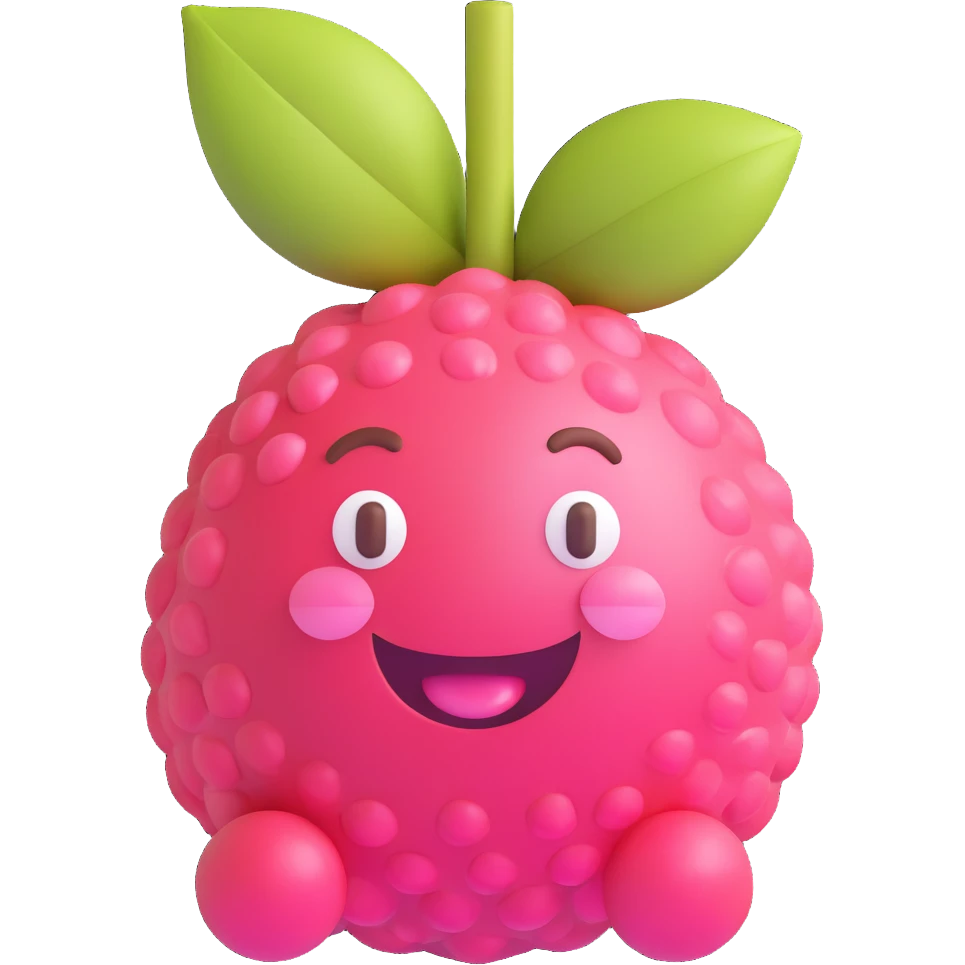 Adorable 3D lychee fruit character with round white cartoon face, shiny eyes, pink cheeks, big smiling mouth, bright pink-red bumpy glossy skin, small brown stem, toy-like, Pixar-style, colorful, fun, realistic lighting emoji